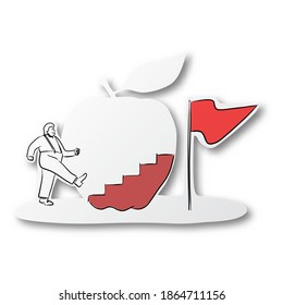 Mano vectorial de línea negra dibujada por un hombre gordo que sube escaleras hacia la bandera roja sobre papel cortado en forma de manzana con sombra aislada sobre fondo blanco. Arte de papel.