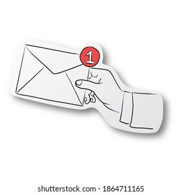 Vector black line hand drawn of hand of businessman holding envelope with red nofitication on cut paper with shadow isolated on white background. Paper art.