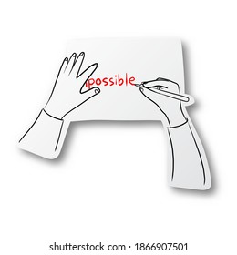 Vector black line hand drawn of hand writing red Possible on blank cut paper with shadow isolated on white background. Paper art.