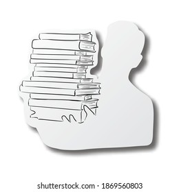 Vector black line hand drawn of books on human shape cut paper with shadow isolated on white background. Paper art. Eduction concept.