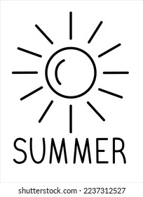 Vector black line hand drawn logo summer with sun and rays.