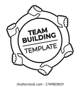 Vector black line hands holding in a circle with text. Team building. Isolated on white background.