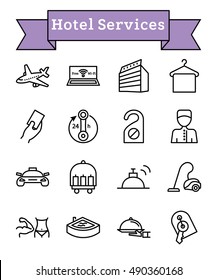 Vector black line Hotel services icons set on white background