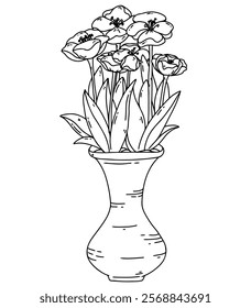 Vector black line of houseplants in flower pots. Coloring book design, minimalism, home decoration