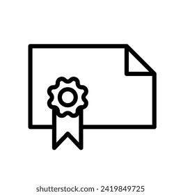 Vector black line icon certificate with award isolated on white background