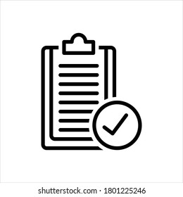 Icono de línea negra del vector para completado. Portapapeles con marca de verificación.