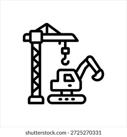 Vektor schwarze Linie Symbol für Kran und Bagger