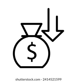 Icono de línea negra del vector recesión del dólar aislado en fondo blanco