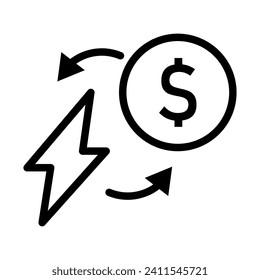 Vector black line icon electricity cost or profit isolated on white background
