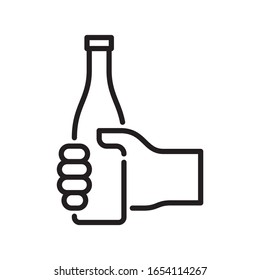 Vector Black Line Icon Hand Holding A Bottle. Isolated On White Background.