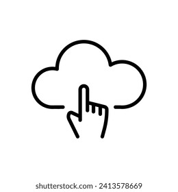 Vector black line icon hand touches the cloud isolated on white background