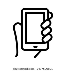 Vector black line icon hand holding phone isolated on white background