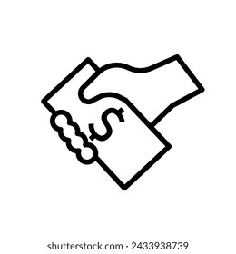 Vector black line icon hand holding dollar isolated on white background