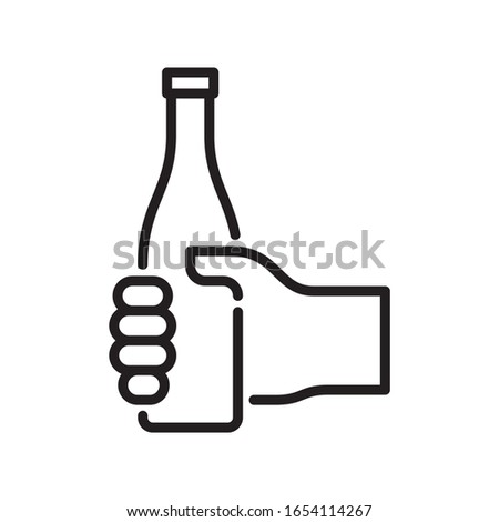 Vector black line icon hand holding a bottle. Isolated on white background.