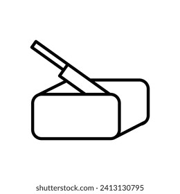 Vector black line icon knife cuts cheese isolated on white background