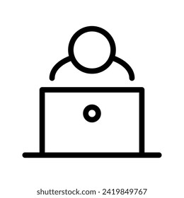 Icono de línea negra vector trabajando en un ordenador aislado en fondo blanco