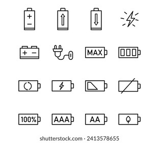 Vector black line icon set battery. Outline symbol technology design and electricity energy. Power web electric element thin equipment. Renewable and alternative charge