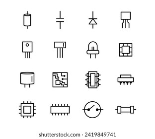 Vector black line icon set electronic component. Computer digital datum hardware chip and electricity pictogram. Power element tech device and collection microchip industry