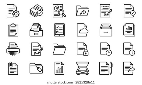 Vector black line icon set featuring document management, file folder, report, contract signature, scanner, shredder, and cloud storage symbols.