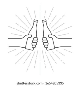 Vector black line icon two hands holding bottle and giving cheers