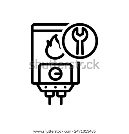 Vector black line icon for water heater repair