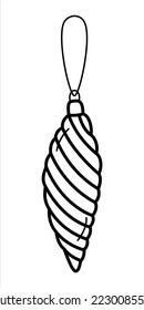 Vector black line illustration of a christmas tree toy in the form of a icicle. Winter, holiday, New Year, Christmas theme. Good for coloring books and web design.