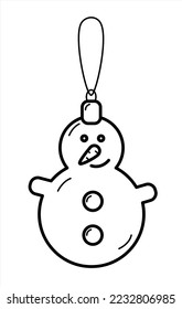 Vector black line illustration of a christmas tree toy in the form of a snowman. Winter, holiday, New Year, Christmas theme. Good for coloring books and web design.
