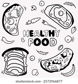 Vector black line illustration in doodle technique with sandwiches with avocado, egg, berries, cheese, arugula with lettuce, pepper, banana and fork, packaging design, healthy food, lettering