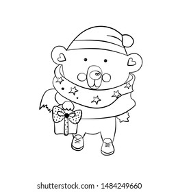 vector black line illustration of funny little bear with gift