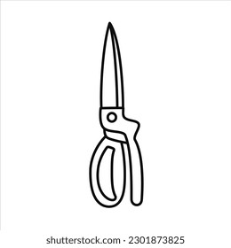 Vector black line illustration of garden tool garden shears. Spring, summer, garden theme.
