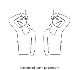 Vector black line illustration. Neck exercises by girl for relax. Put your finger behind the ear and pull the head up. Creative concept. White background