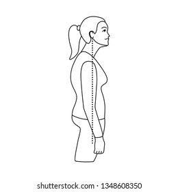 Vector black line illustration. Neck exercises by girl for relax. Work with back. Uncorrect slouching posture. Creative concept. White background