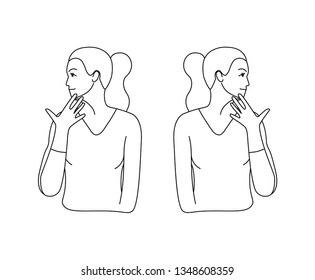 Vector black line illustration. Neck exercises by girl for relax. Turn head to the shoulder and fix it by hand. Then to other side. Creative concept. White background