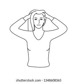 Vector black line illustration. Neck and head exercises by girl for relax. Head massage by fingers. Creative concept. White background