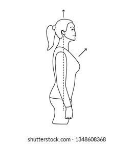 Vector black line illustration. Neck exercises by girl for relax. Work with back. Correct straight posture. Creative concept. White background