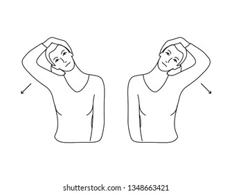 Vector black line illustration. Neck exercises by girl for relax. Tilt head to the shoulder by hand. Then to other side. Creative concept. White background