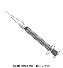 Ilustración vectorial de la línea negra de la jeringa plástica para uso médico aislada sobre fondo blanco