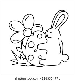 Vector black line illustration of rabbit with an egg and flower for the easter.