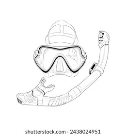 Vector black line illustration of a scuba diving mask isolated on white background. Diving and snorkeling equipment