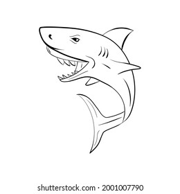 Ilustración de línea negra vectorial de un tiburón aislado en fondo blanco