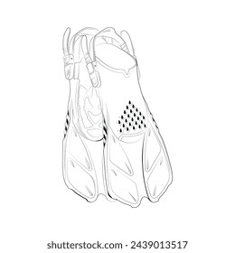 Vector black line illustration of swim fins isolated on white background. Diving and snorkeling equipment