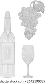vector black line illustration of wine bottle, bunch of grapes and glass, black and white vector pattern	