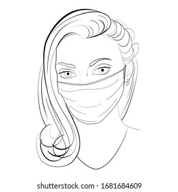 Vector black line illustration of young beautiful woman wearing medical mask isolated on white background