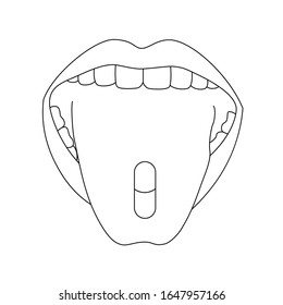 Vector black line illustratration of a female open mouth with a pill on her tongue isolated on white background