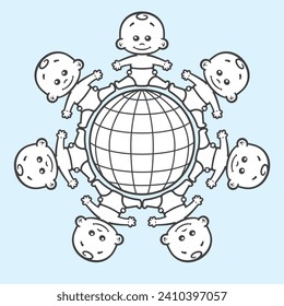 Vector black line image of planet earth around which small children are sitting. Blue background