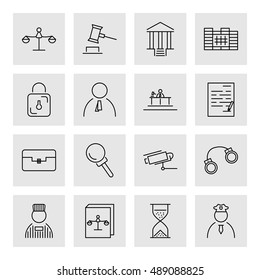 Vector black line justice icons set in gray squares on white background