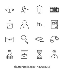 Vector black line justice icons set on white background