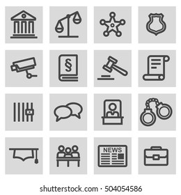 Vector black line justice icons set on grey background
