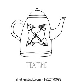 Vector black line kettle with flower and leaves. Simple teapot doodle style. Tea time illustration.