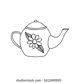 Vector black line kettle with flower and leaves. Simple teapot doodle style. Tea time illustration.
